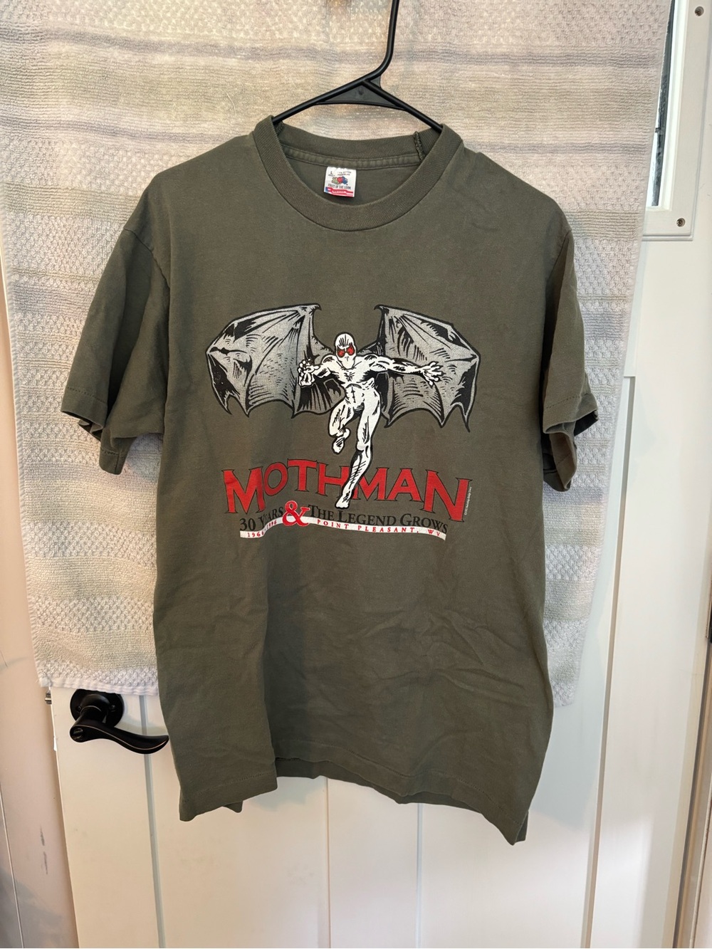 Fruit of the Loom Olive Green Mothman Graphic Tee with Red & White Print